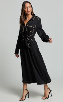 Ally Midi Dress - Collared Button Through Long Sleeve Tie Dress in Black