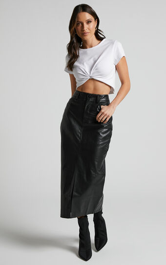 Jules Midi Skirt  Faux Leather High Waisted Front Split