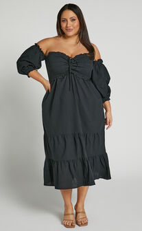 Nikka Midi Dress - Shirred Off Shoulder Puff Sleeve Dress in Black