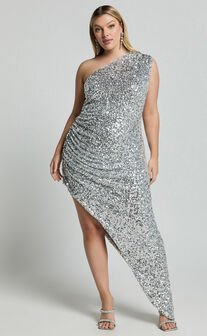 Blanchett Midi Dress - Sequin One Shoulder Gathered Asymmetric Midi Dress in Silver