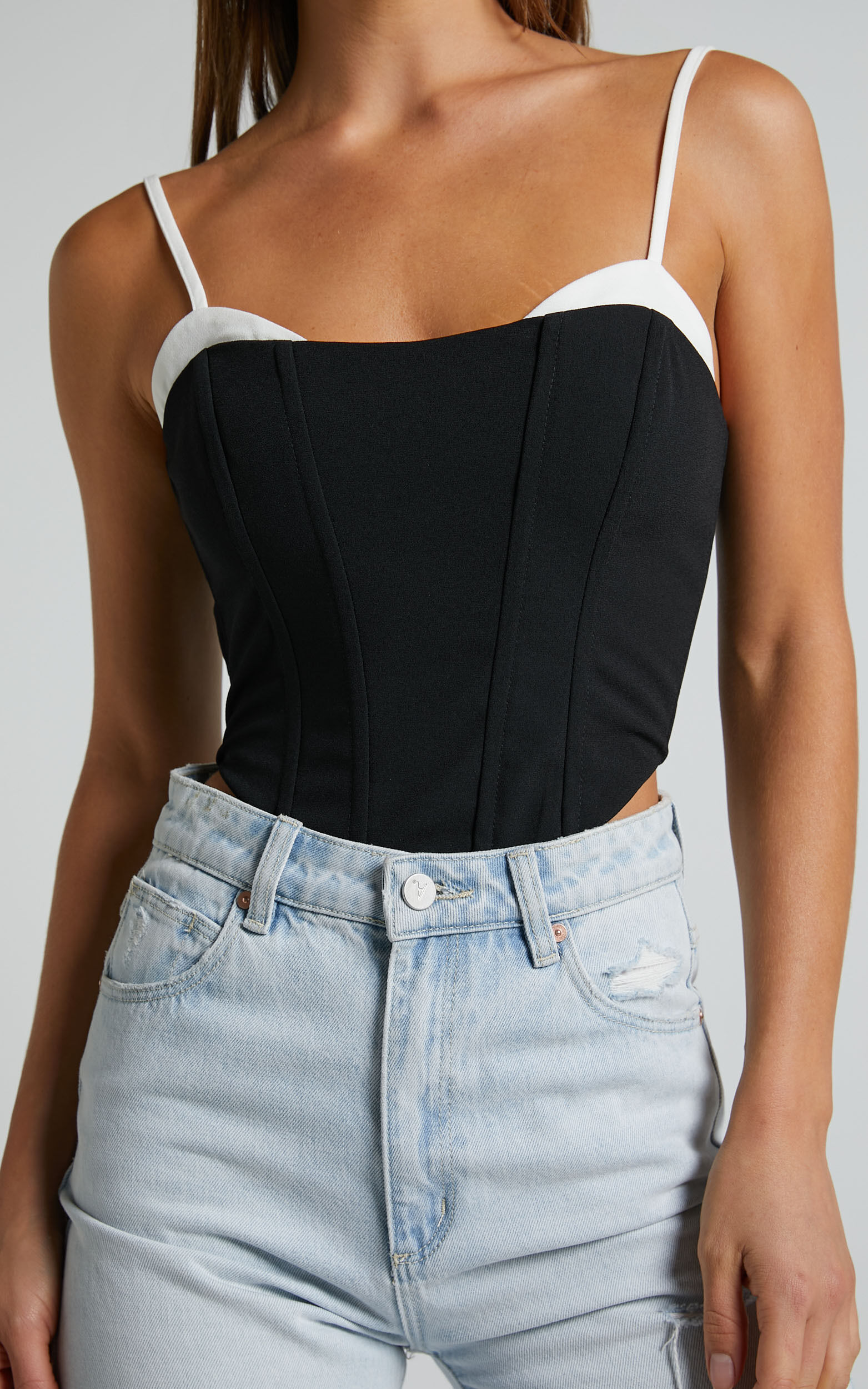 Bonne Top - Faux Bra Detail Panelled Corset Top in Black