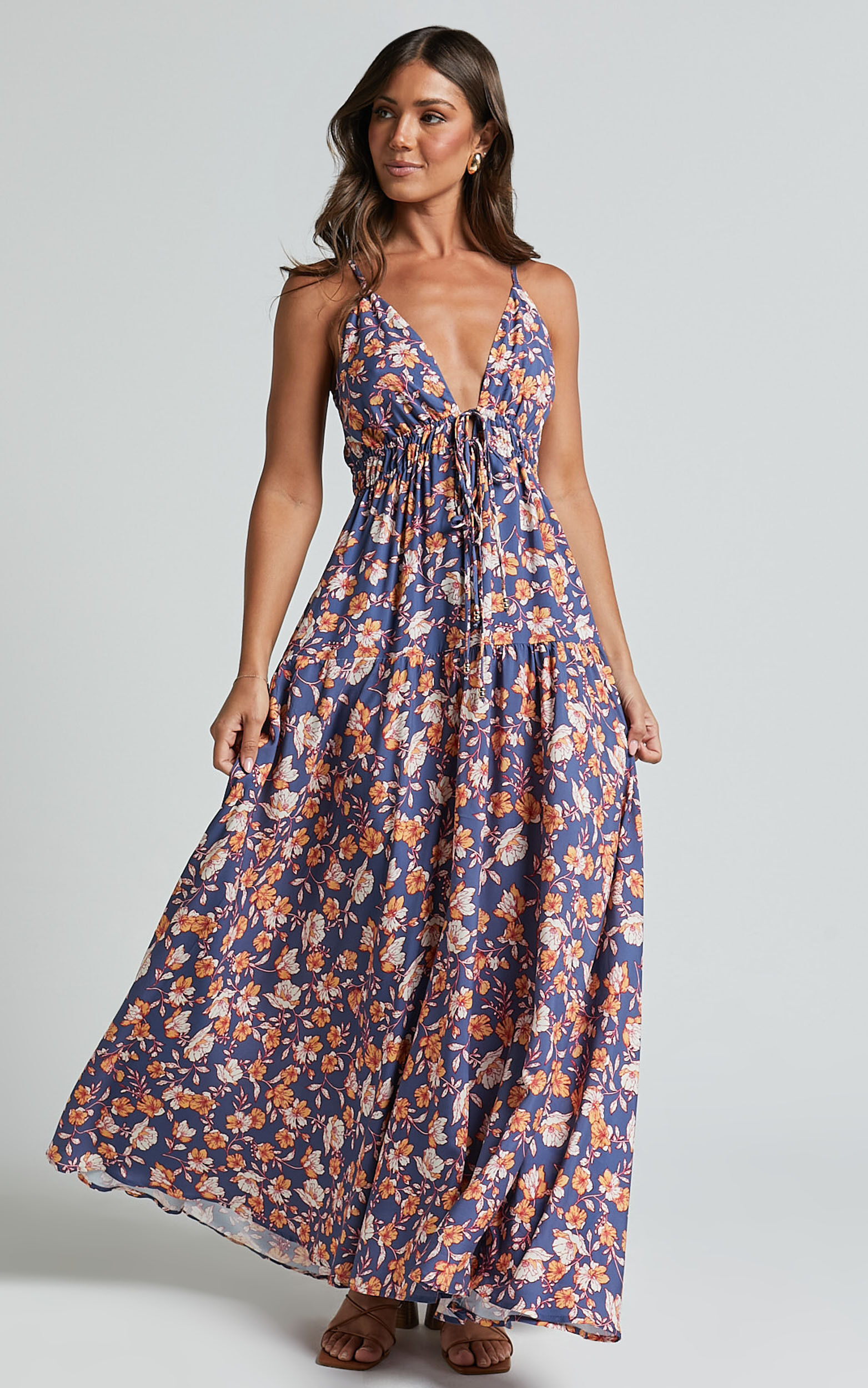 Aelita Maxi Dress - Strappy Tie Front Dress in Navy Floral - 06, NVY1