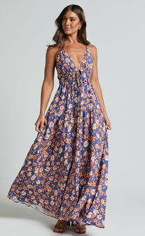 Aelita Maxi Dress - Strappy Tie Front Dress in Navy Floral