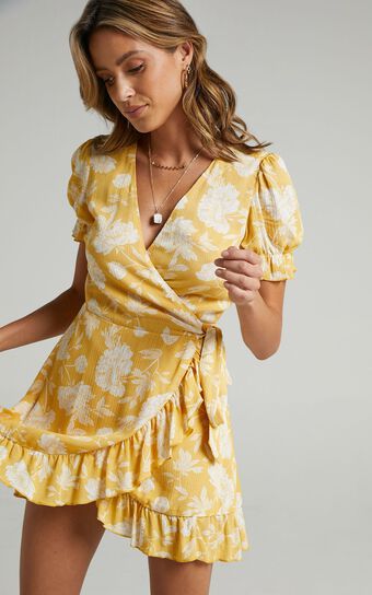 Seaside Views wrap mini Dress in Yellow Floral