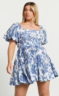 Mira Mini Dress - Square Neck Balloon Sleeve Dress in Blue Floral