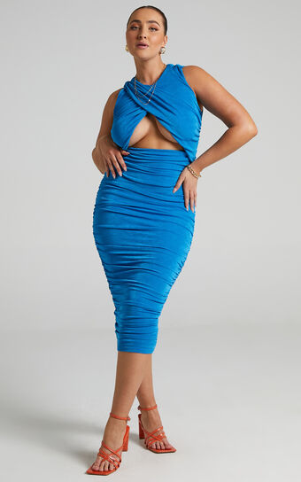 Selita Midi Dress -  Ruched High Neck Dress in Cobalt
