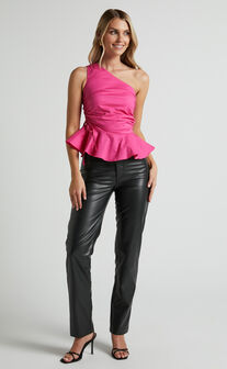 Carder Top - One Shoulder Ruched Side Detail Asymmetrical Frill in Pink