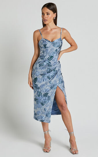 Alvera Midi Dress - Bustier Brailey Jacquard Midi Dress in Light Blue Showpo
