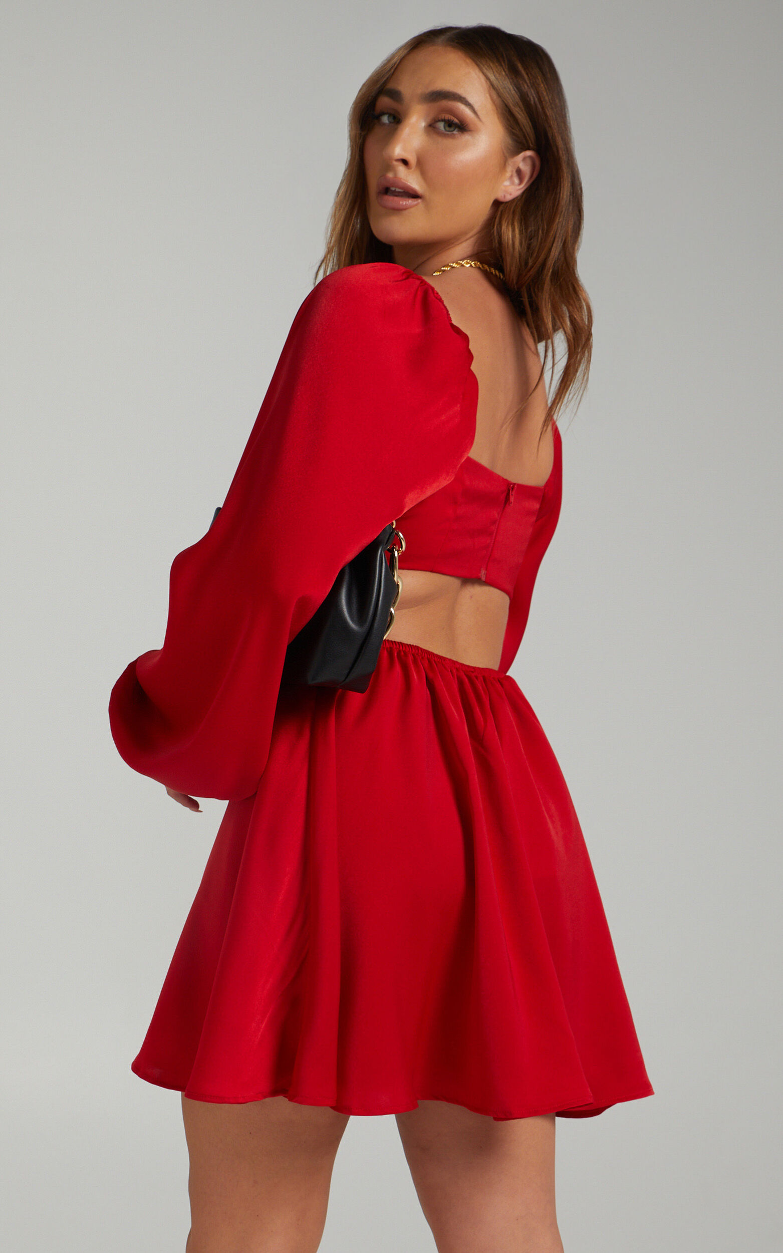 Dolci Mini Dress Cut Out Long Sleeve Dress in Red