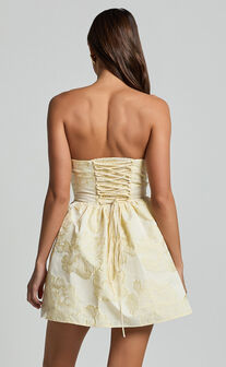 Laure Mini Dress - Strapless Jacquard Dress in Lemon