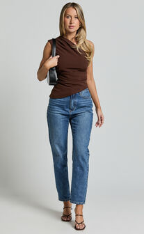 Amal Top - Asymmetrical One Shoulder Gathered Top in Chocolate