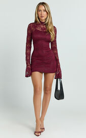 Dexter Mini Dress - Lace Frill Sleeve High Neck Dress in Wine | Showpo USA