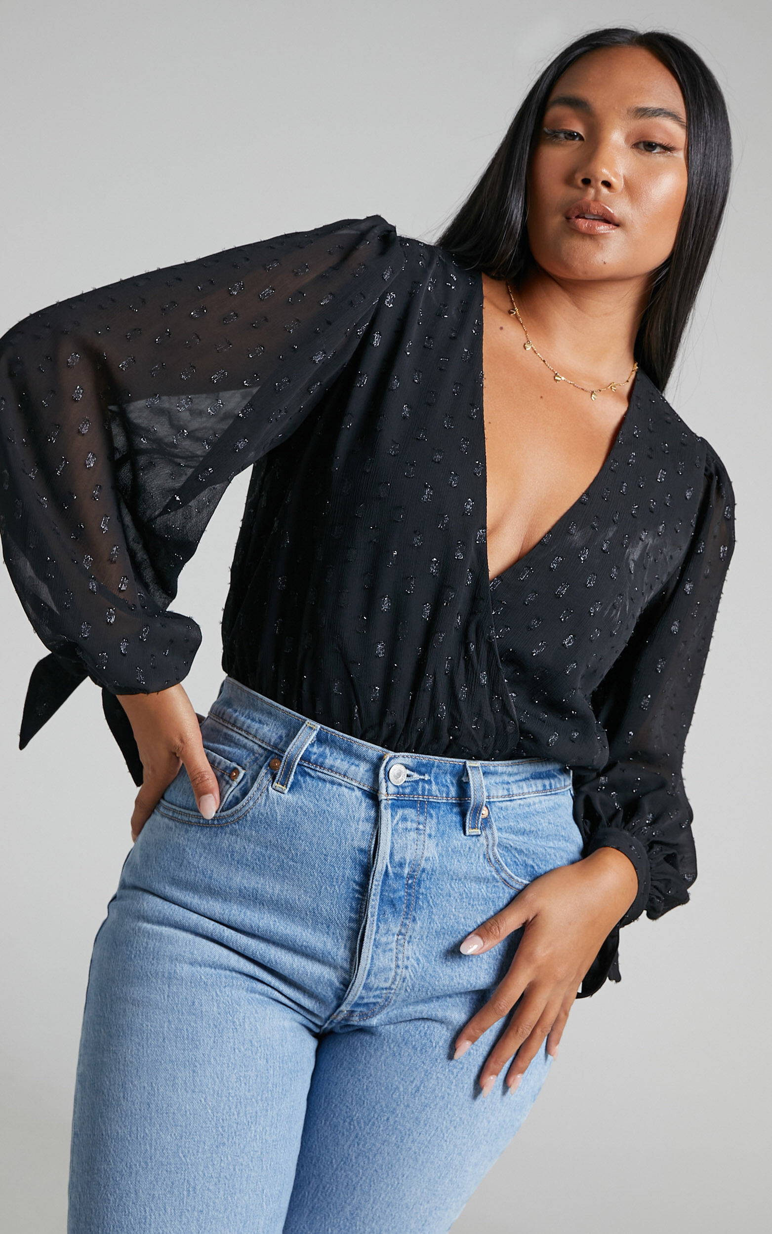Agustha Bodysuit - Wrap Front Bodysuit in Black - 06, BLK1
