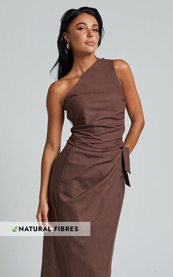 Bailey Top  Linen Look One Shoulder Pleated Bodice in Chocolate