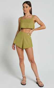 Zanrie Two Piece Set - Linen Square Neck Crop Top and High Waist Mini Flare Shorts Set in Celery