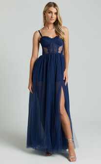 Audrie Midi Dress - Lace Corset Tulle Dress in Navy