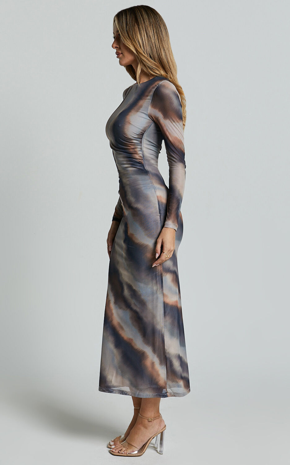 Zyra Midi Dress High Neck Long Sleeve Mesh Dress in Tie Dye Print Showpo