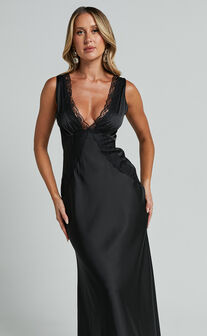 Chrissie Maxi Dress - Lace Detail Plunge Dress in Black