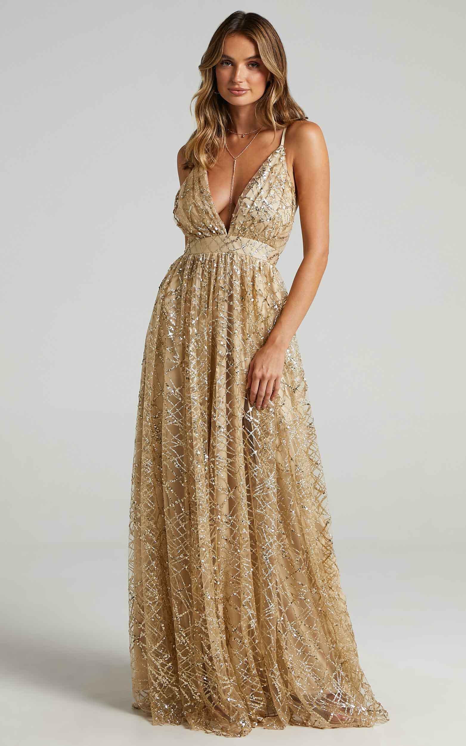 Eternal Sunshine Maxi Dress Cross Back Plunge Neck Dress in Gold