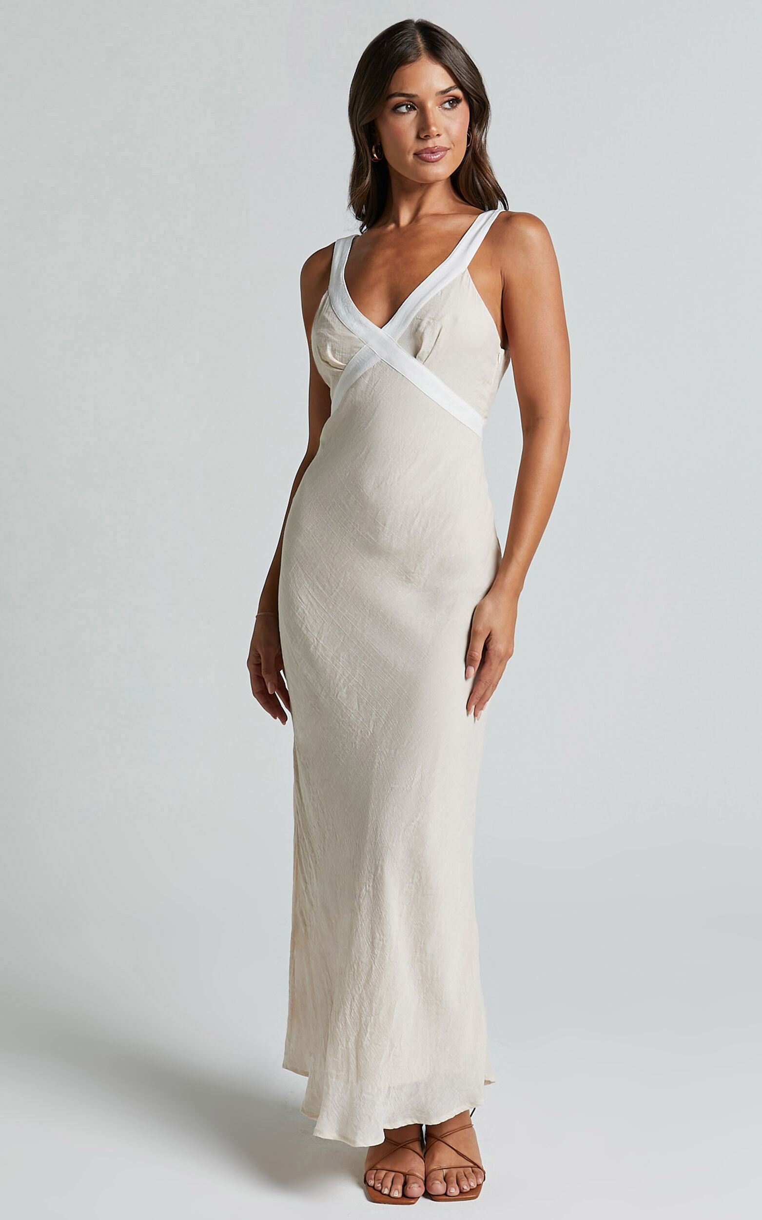 Chakyra Midi Linen Blend Dress - Contrast Strap Bias Cut Column Dress in Beige with White Contrast - 06, NEU1