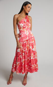 Georgine Midi Dress - One Shoulder Ruched Tiered Dress in Peony Blossom