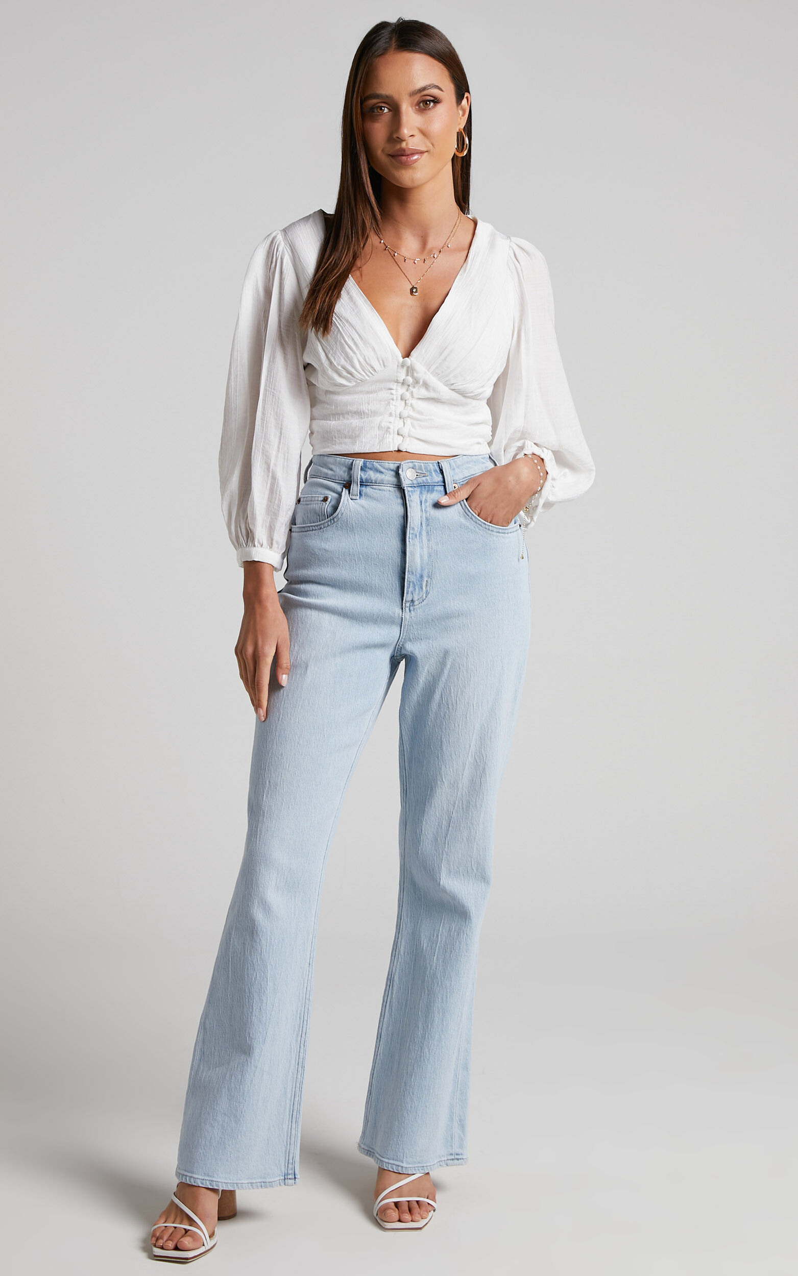 Lancey Top - Long Sleeve Plunge Crop Top in White