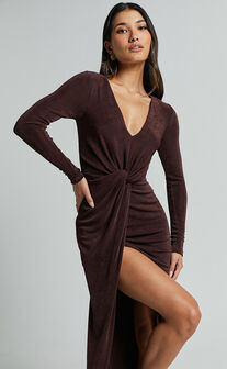 Janina Midi Dress - Plunge Long Sleeve Twist Wrap Asymmetric Dress in Chocolate