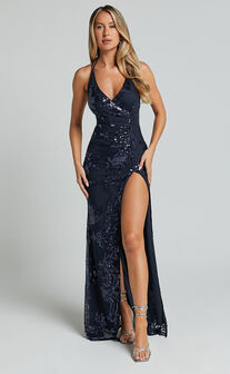 Out Till Dawn Maxi Dress - Thigh Split Dress in Navy Sequin