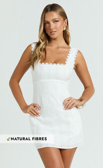 Sylvia Mini Dress - Square Neck Lace Trim A Line Mini Dress in White