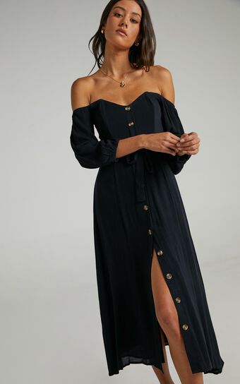 Sorrento Dreaming Midi Dress - Off Shoulder Sleeve Button Through Dress in Black Linen Look
