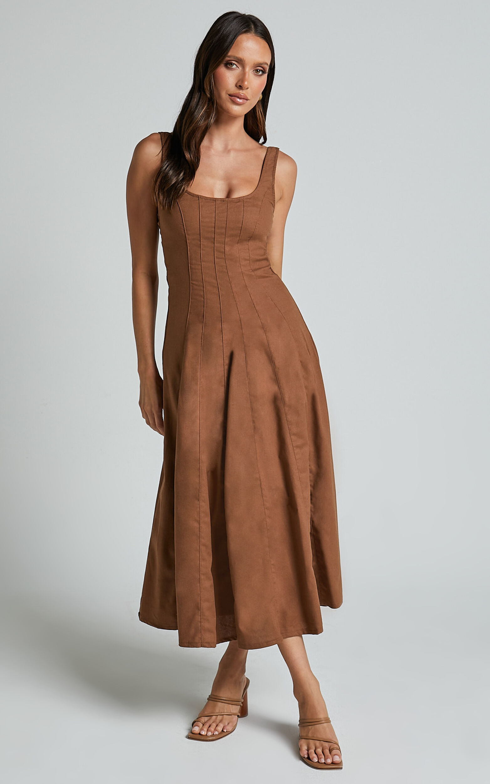 Adelyn Midi Linen Dress - Square Neck Sleeveless A Line Dress in Tobacco | Showpo USA