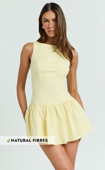 Izira Mini Dress - Boat Neck Drop Waist Shift Dress in Butter Yellow