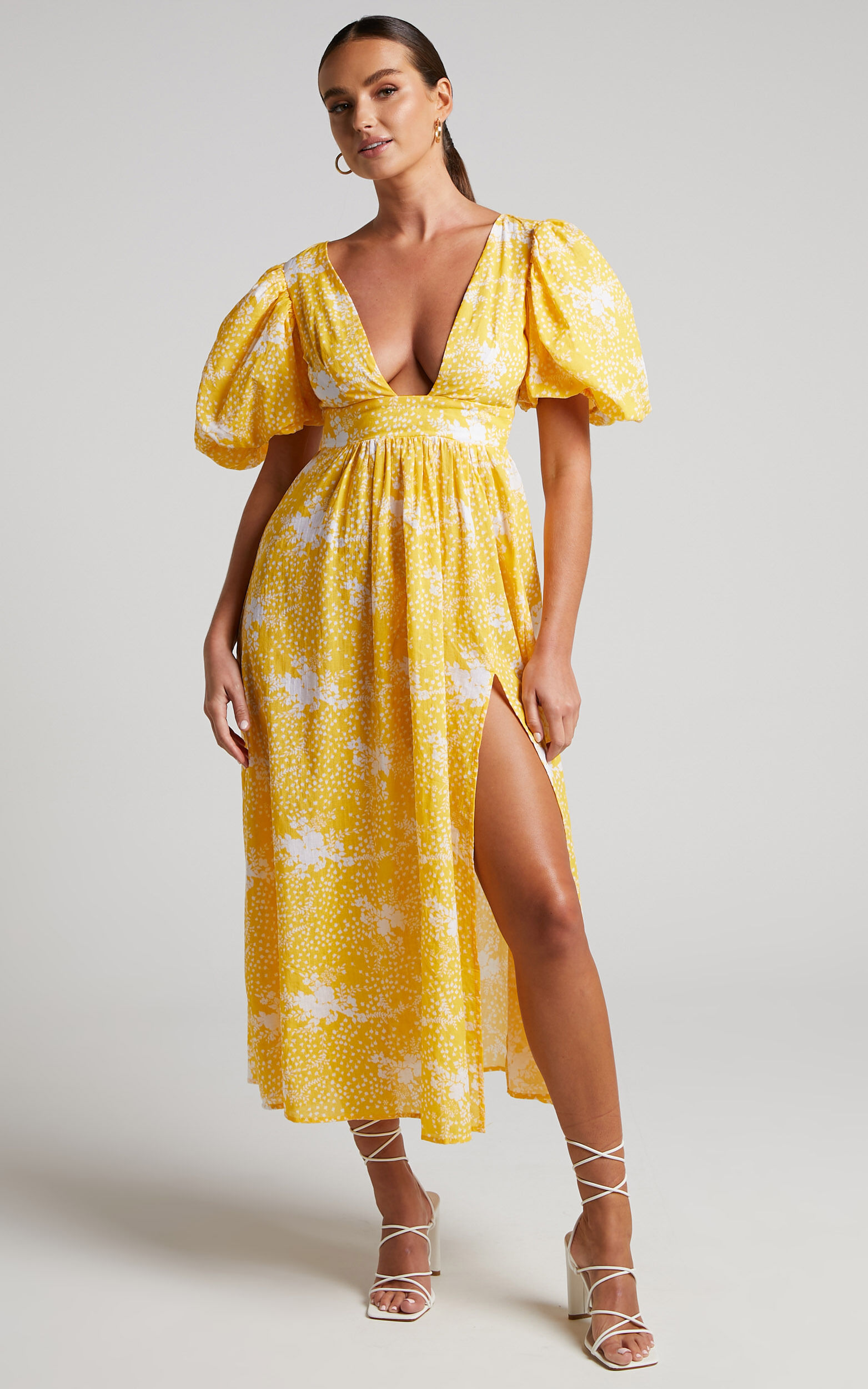 Ailiza Midi Dress - Puff Sleeve Open Back Dress in Yellow Floral - 06, YEL1