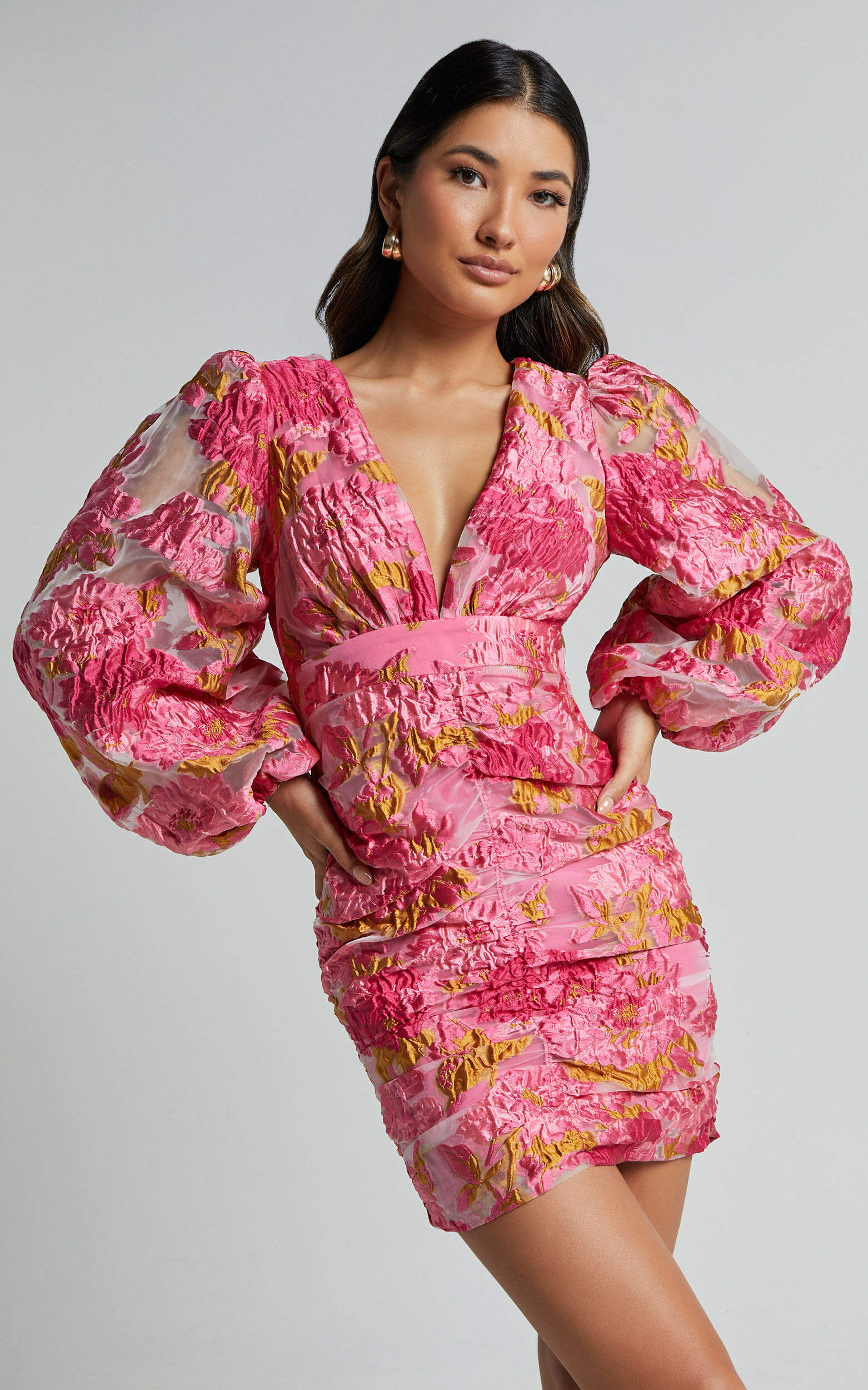 Farrah Mini Dress Plunge Neck Long Sleeve Bodycon Dress in Pink Showpo EU