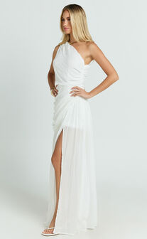 Darcy Maxi Dress - One Shoulder Side Cut Out Gathered Dress in White