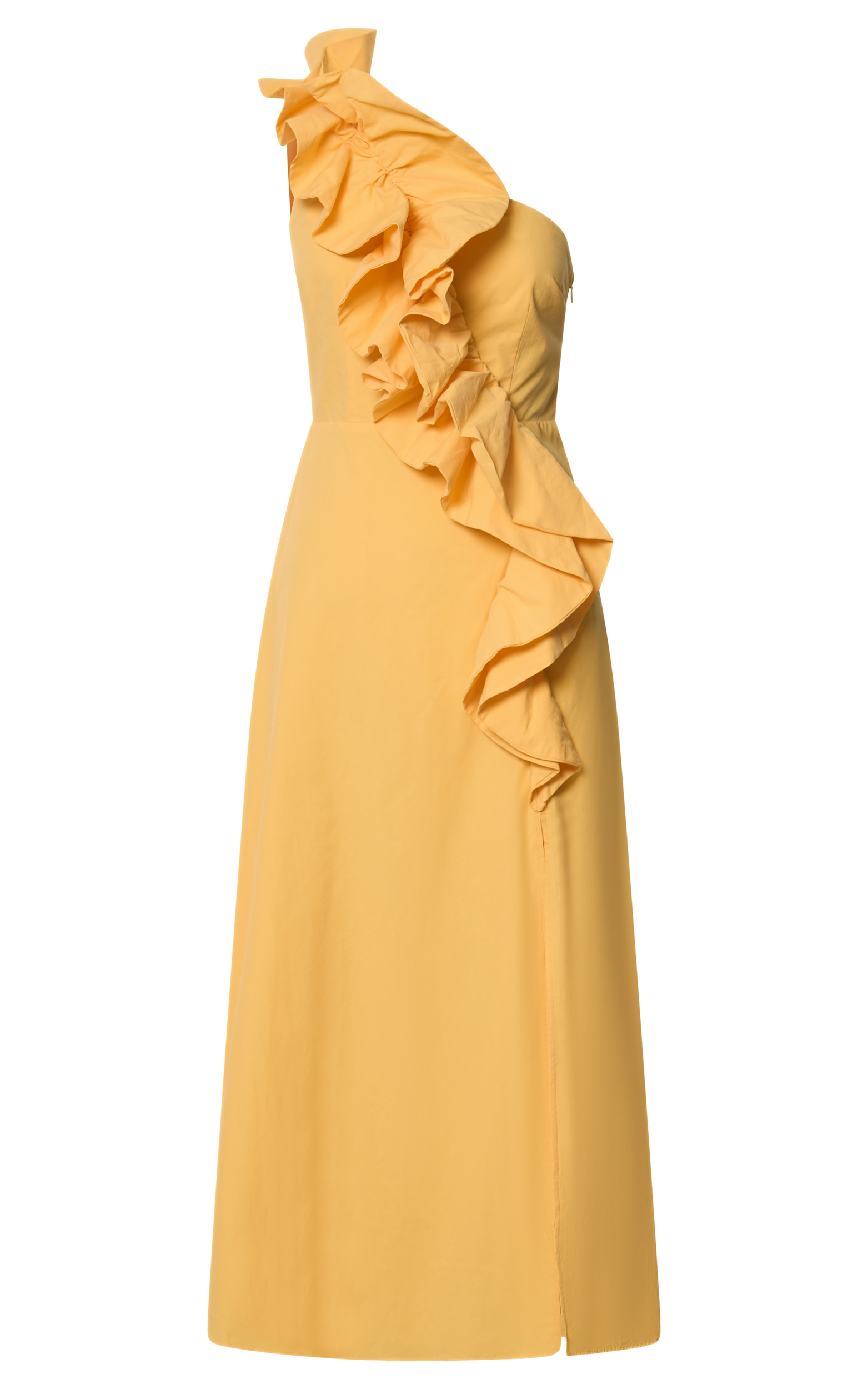 Rita Midi Dress - One Shoulder Ruffle Detail Dress in Yellow