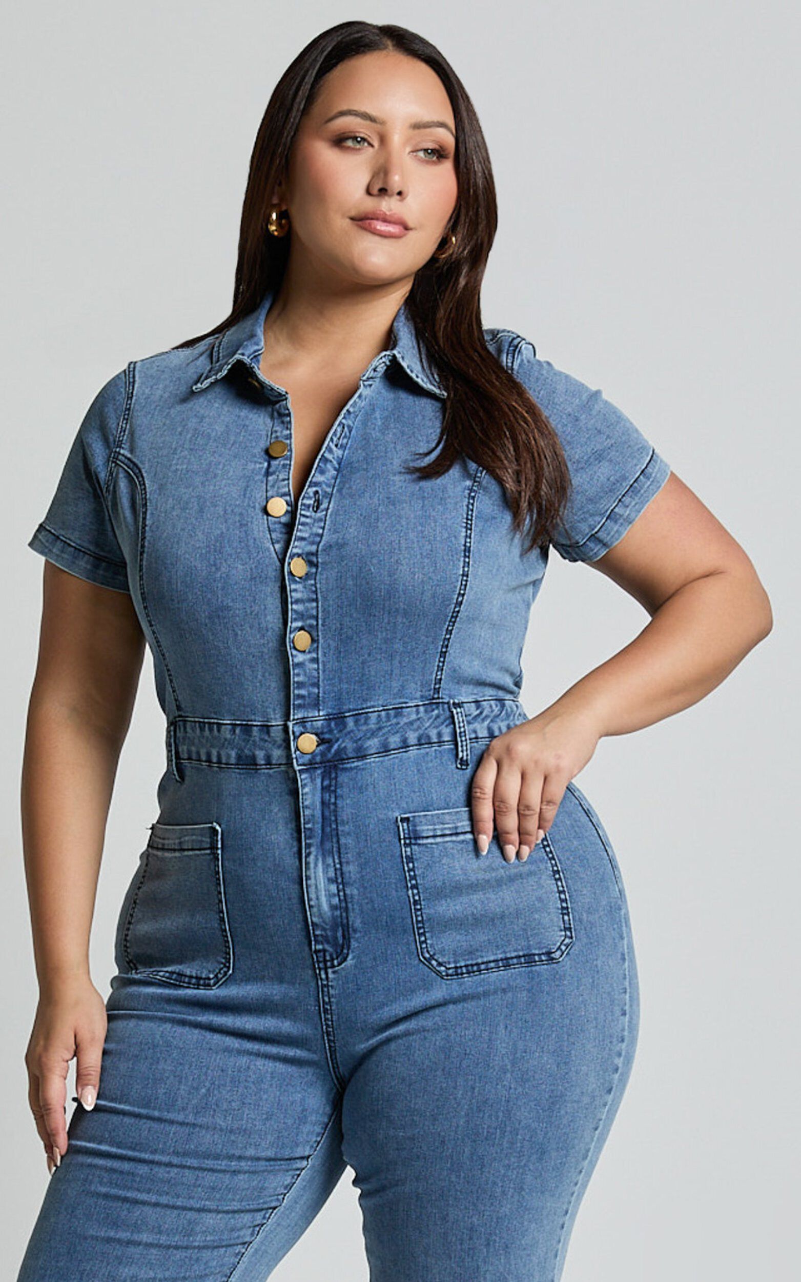 Silvena Jumpsuit - Short Sleeve Flared Denim Jumpsuit in Blue | Showpo USA