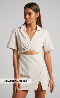 Marsha Mini Dress - Cut Out Short Sleeve Dress in Natural