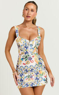 Janice Mini Dress - Square Neckline Dress in Positano Print