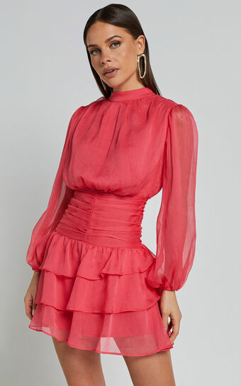 Charlize Mini Dress - High Neck Long Sleeve Layered Dress in Coral No Brand
