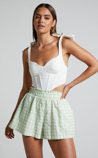 Madelyn Shorts - Pull On High Waist Shorts in Mint Gingham