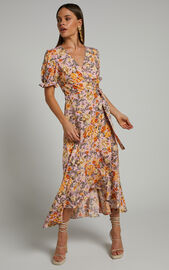 Lisse Midi Dress - Frill Detail V Neck Wrap Dress in Pink Floral | Showpo