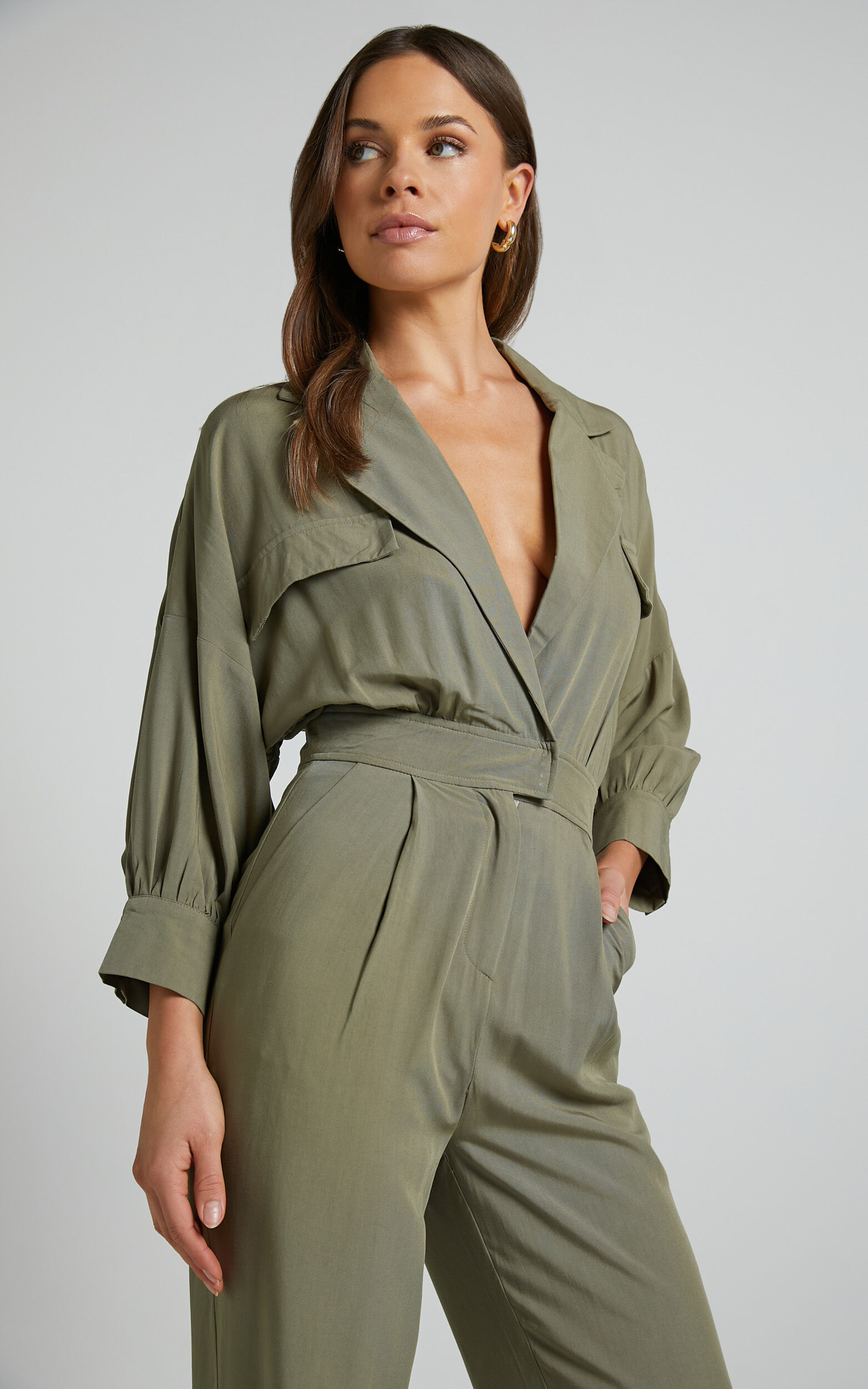 Ayelin Jumpsuit Linen Look Relaxed 3 4 Sleeve Jumpsuit in Khaki Showpo