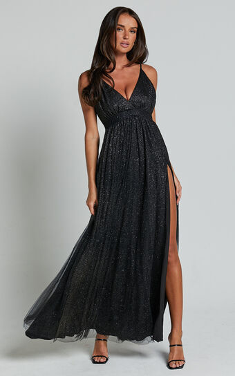 Angelina Midi Dress - Plunge Neck Glitter Neck Dress in Black