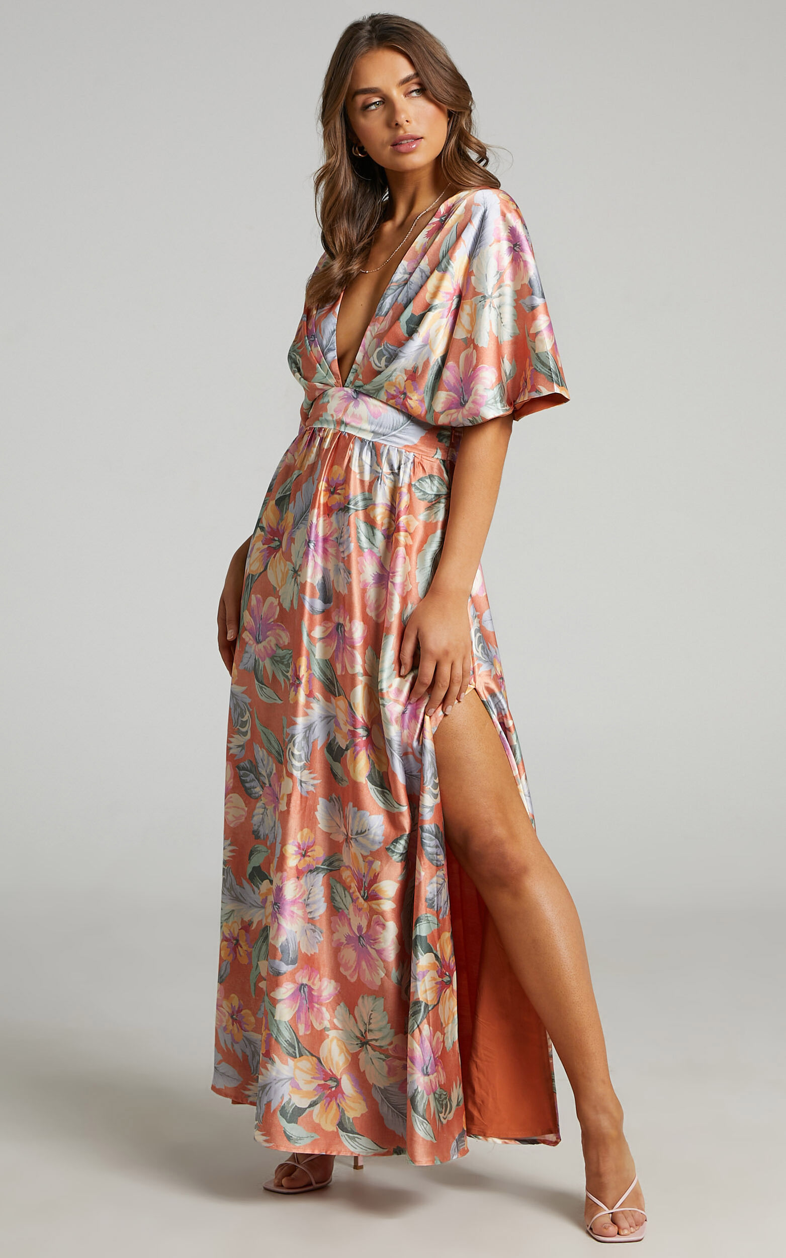 Sophia Midi Dress Plunge Neck Bat Wing Sleeve Dress in Multi Floral Showpo USA