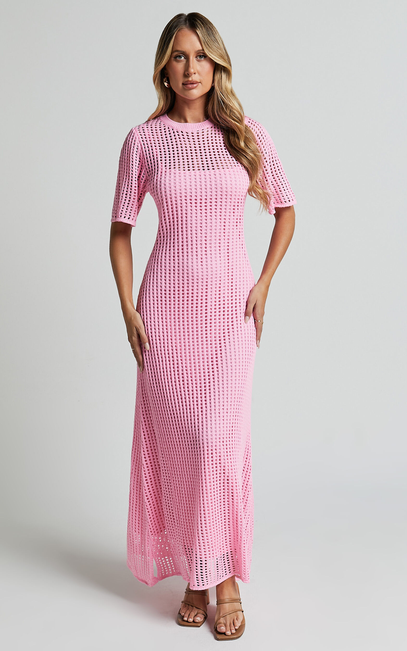 Kristy Midi Dress - Crew Neck Crochet Knitted Midi Dress in Pink - XS, PNK1