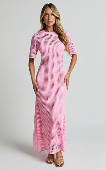 Kristy Midi Dress - Crew Neck Crochet Knitted Midi Dress in Pink