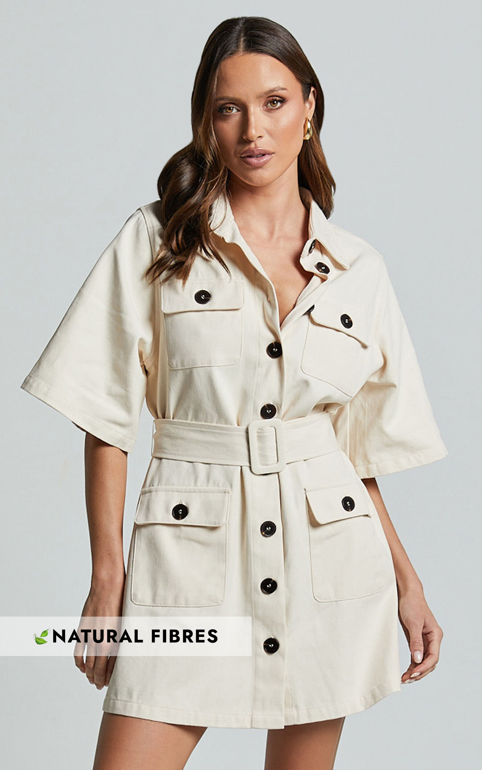 Elena Mini Dress Wide Sleeve Utility Dress in Natural Showpo USA