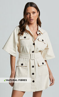 Elena Mini Dress - Wide Sleeve Utility Dress in Natural