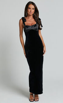 Michelle Midi Dress - Tie Shoulder Satin Bust Detail Velvet Dress in Black